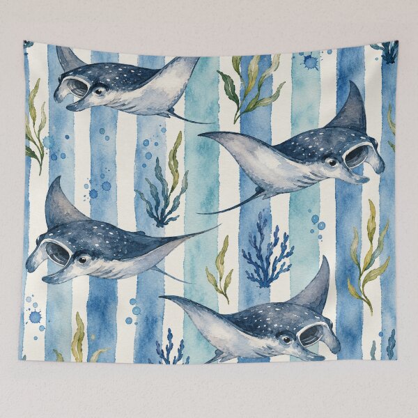 Item preview, Watercolor Manta Ray Pattern | Coastal Ocean Blue Seamless Design designed and sold by TheSlowShore.