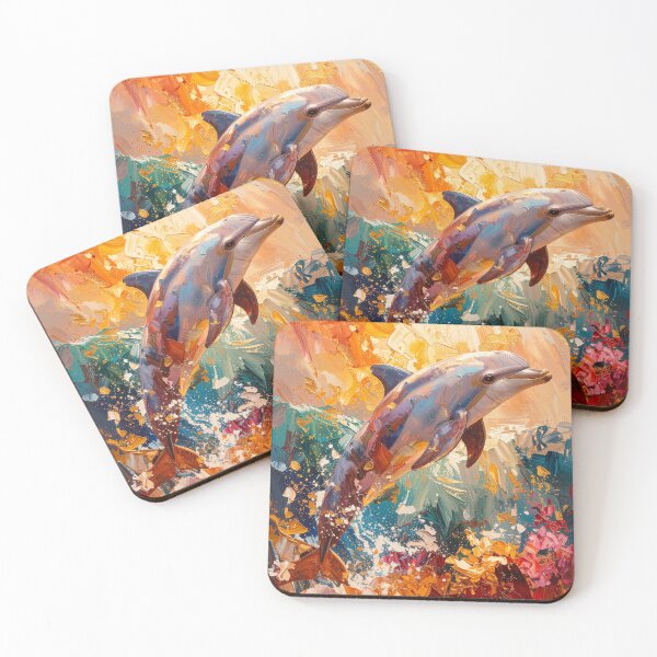 Item preview, Expressive dolphin oil painting leaping ocean abstract gold art designed and sold by icemanphotos.