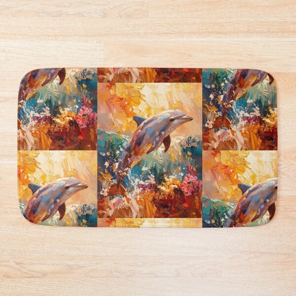 Item preview, Expressive dolphin oil painting leaping ocean abstract gold art designed and sold by icemanphotos.