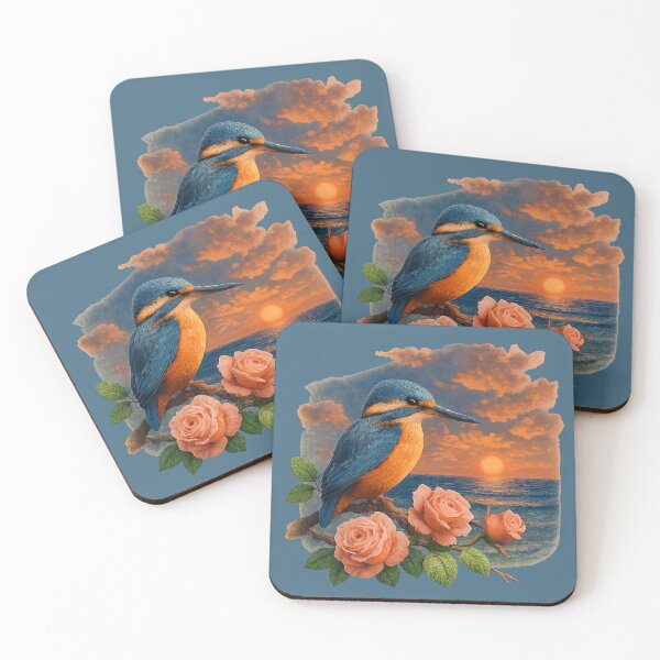 Item preview, Kingfisher at sunrise with blooming roses by the sea designed and sold by Kimenta.