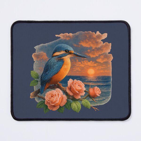 Item preview, Kingfisher at sunrise with blooming roses by the sea designed and sold by Kimenta Fashion.
