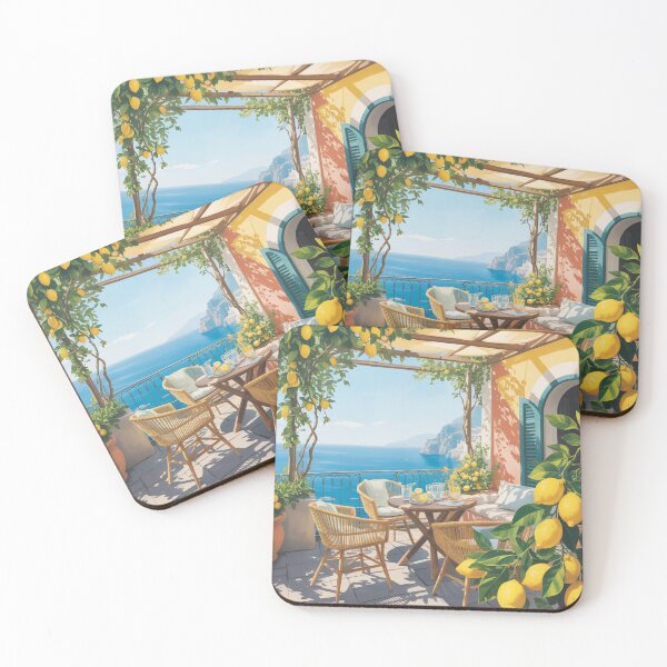 Item preview, Amalfi Coast Lemon Café Art – Mediterranean Summer Travel Poster designed and sold by Tamas Das.