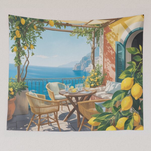 Item preview, Amalfi Coast Lemon Café Art – Mediterranean Summer Travel Poster designed and sold by Tamas Das.