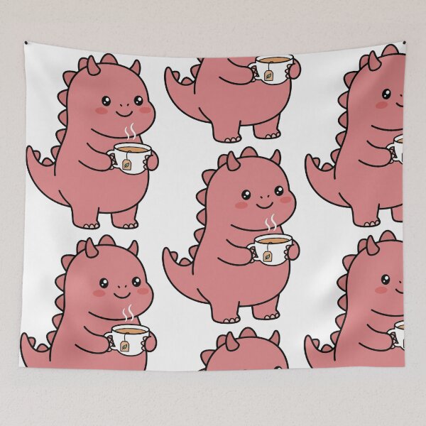 Item preview, Cute Pink Dinosaur Drinking Tea - Kawaii Dino Tea Lover Illustration designed and sold by seven things shop.