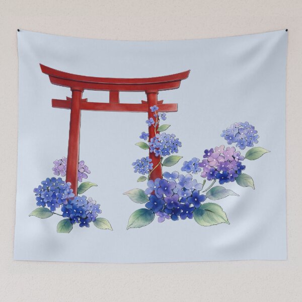 Item preview, Serene Torii Gate and Hydrangeas in Rainy Season designed and sold by SakuraMarket26.