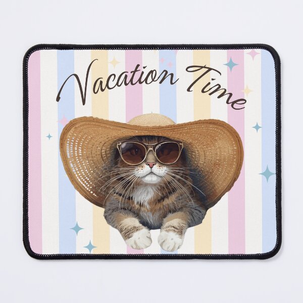 Item preview, Cat in a Floppy Sun Hat with the words "Vacation Time" designed and sold by Soulstar Designs.