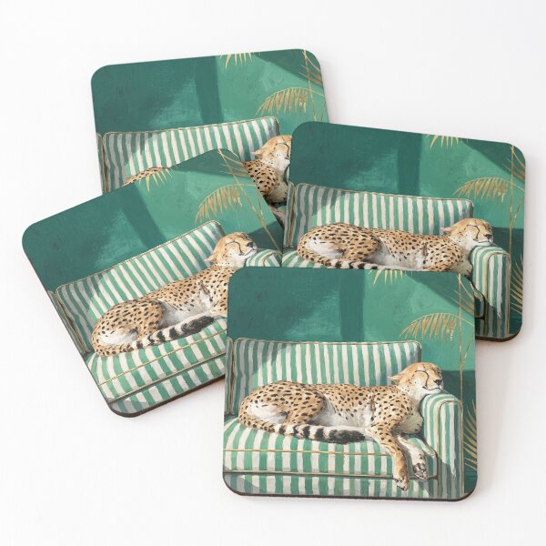Item preview, Vintage Sleeping Cheetah on Striped Sofa Poster designed and sold by STTrillionTEES.