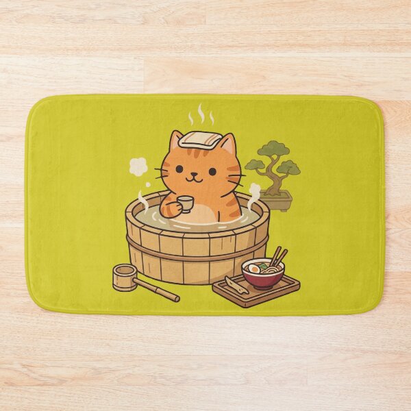 Item preview, Kawaii Orange Cat in Japanese Onsen Bath with Ramen designed and sold by MythoWorldddd.