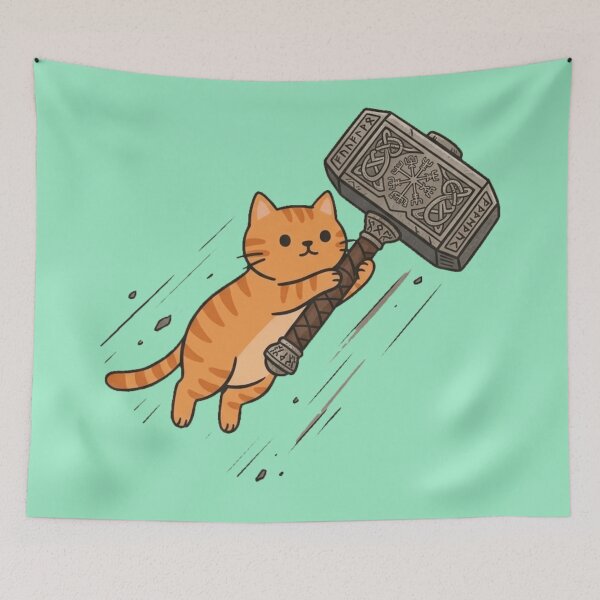 Item preview, Flying Viking Orange Cat with Thor's Hammer Mjolnir designed and sold by MythoWorldddd.