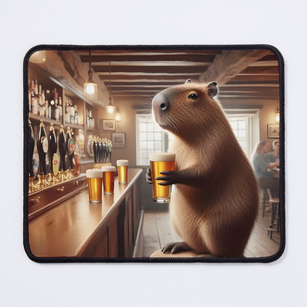 Item preview, Capybara Holding a Beer Pint in a Cozy Traditional English Pub designed and sold by Sybille-Yates.