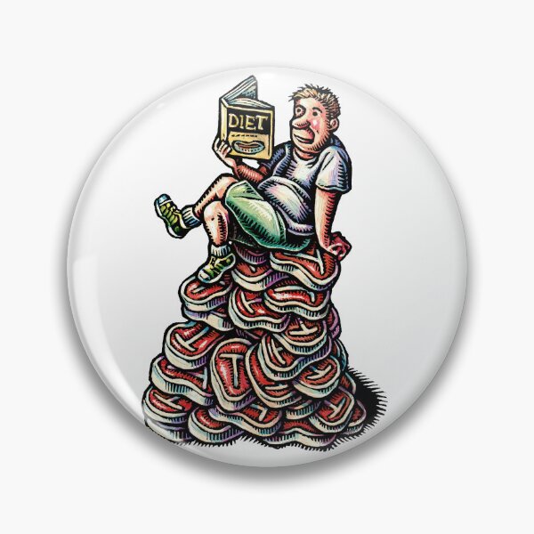 Item preview, man sits on a pile of steaks, reading an Atkins or Keto diet book. designed and sold by LisaHaney.