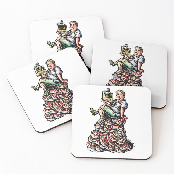 Item preview, man sits on a pile of steaks, reading an Atkins or Keto diet book. designed and sold by LisaHaney.