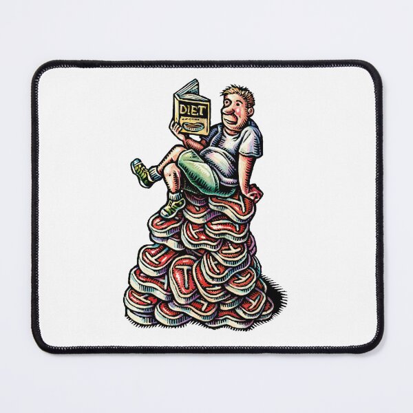 Item preview, man sits on a pile of steaks, reading an Atkins or Keto diet book. designed and sold by LisaHaney.