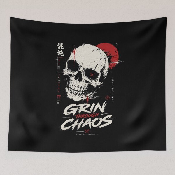 Item preview, Grin Through Chaos Japanese Skull T-Shirt – Urban Streetwear Graphic Tee designed and sold by quietvisualsco.