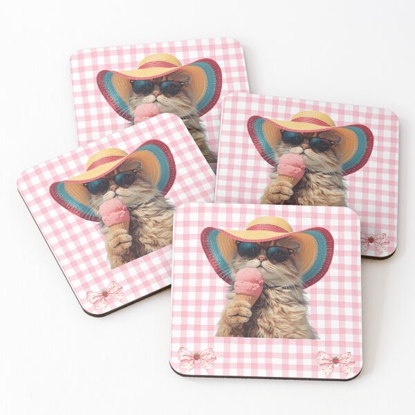 Item preview, Cat eating ice cream with pink gingham background designed and sold by Soulstar Designs.