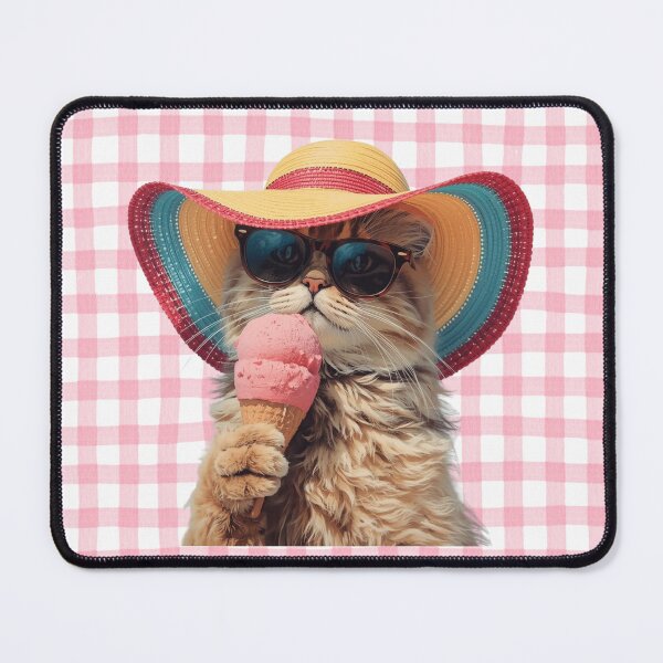Item preview, Cat eating ice cream with pink gingham background designed and sold by Soulstar Designs.