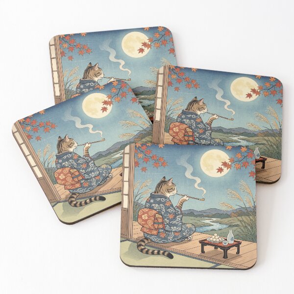 Item preview, Cat Moon Viewing on the Veranda — Neko no Tsukimi Engawa Zu | Japanese Ukiyo-e Cat Art designed and sold by Ukiyo Neko Hyakkei - Cats of the Floating World-.