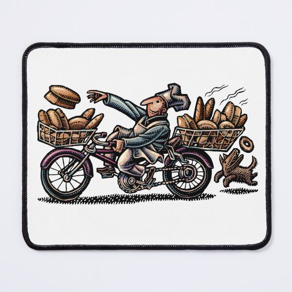 Item preview, baker on a bicycle delivering bread from full baskets of fresh loafs designed and sold by LisaHaney.