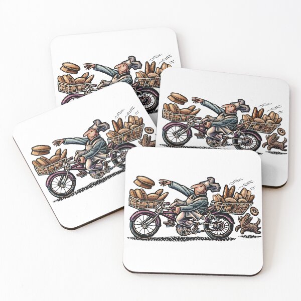 Item preview, baker on a bicycle delivering bread from full baskets of fresh loafs designed and sold by LisaHaney.