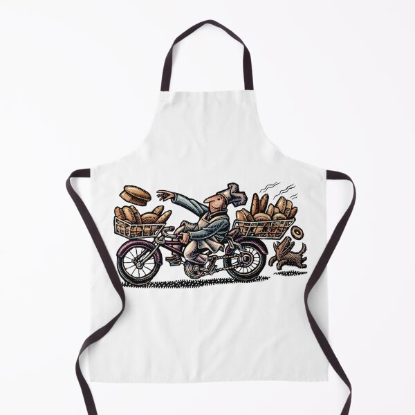 Item preview, baker on a bicycle delivering bread from full baskets of fresh loafs designed and sold by LisaHaney.