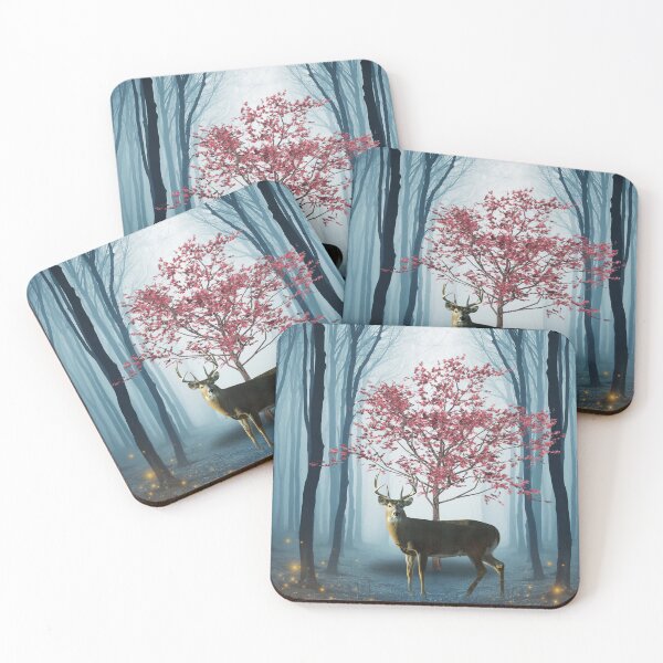 Item preview, Mystic Deer in Enchanted Forest with Red Blossom Tree designed and sold by berwies-artwork.