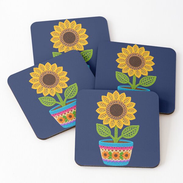 Item preview, Retro Crochet-Style Sunflower Vibrant Pot Print on Navy Shapes Mania designed and sold by Shapes-Mania.
