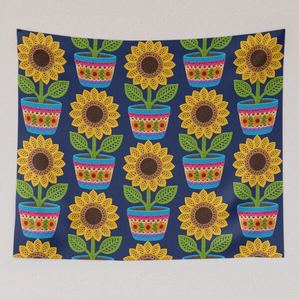 Item preview, Retro Crochet-Style Sunflower Vibrant Pot Print on Navy Shapes Mania designed and sold by Shapes-Mania.