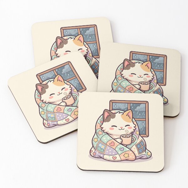 Item preview, Kawaii Cat Rainy Day Cozy Blanket & Hot Cocoa designed and sold by dreephic22.