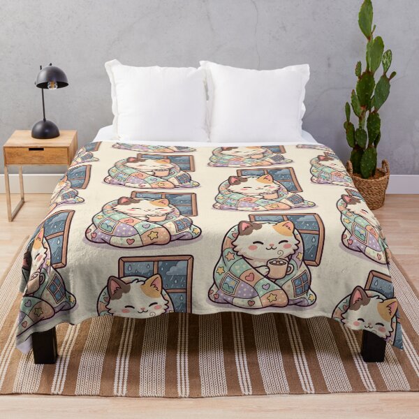 Item preview, Kawaii Cat Rainy Day Cozy Blanket & Hot Cocoa designed and sold by dreephic22.