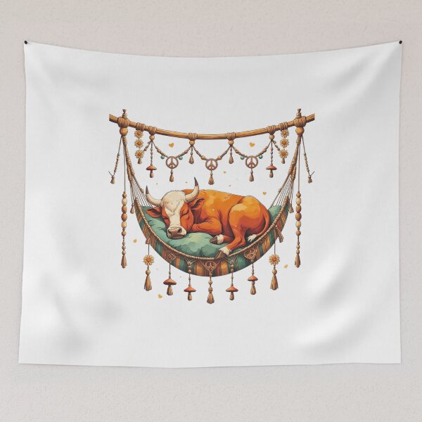 Item preview, Relaxed Bull Sleeping in Boho Macrame Hammock Nursery Art designed and sold by AQUILAKREO.