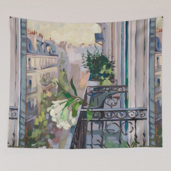 Item preview, French Window View - White Flowers and Haussmann Architecture Painting designed and sold by CARRAANN.
