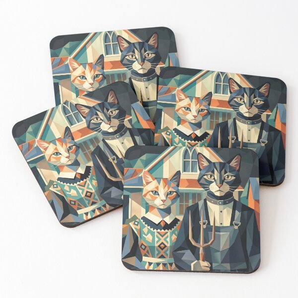 Item preview, American Gothic Cats – Geometric Feline Art Masterpiece designed and sold by TheCoolCatsMx.