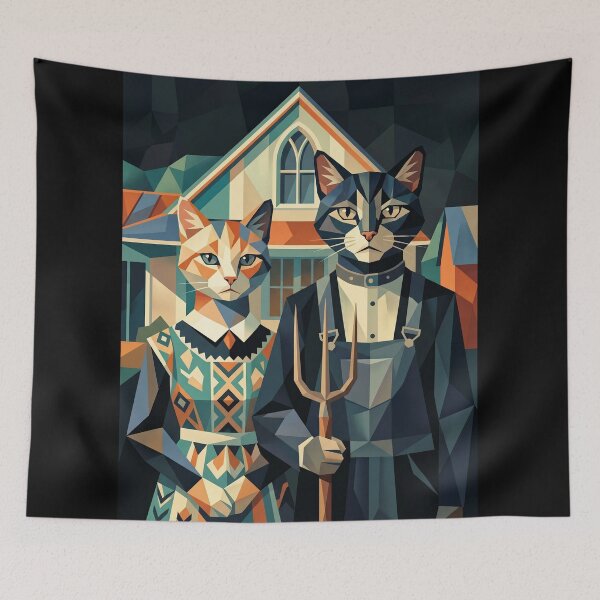 Item preview, American Gothic Cats – Geometric Feline Art Masterpiece designed and sold by TheCoolCatsMx.