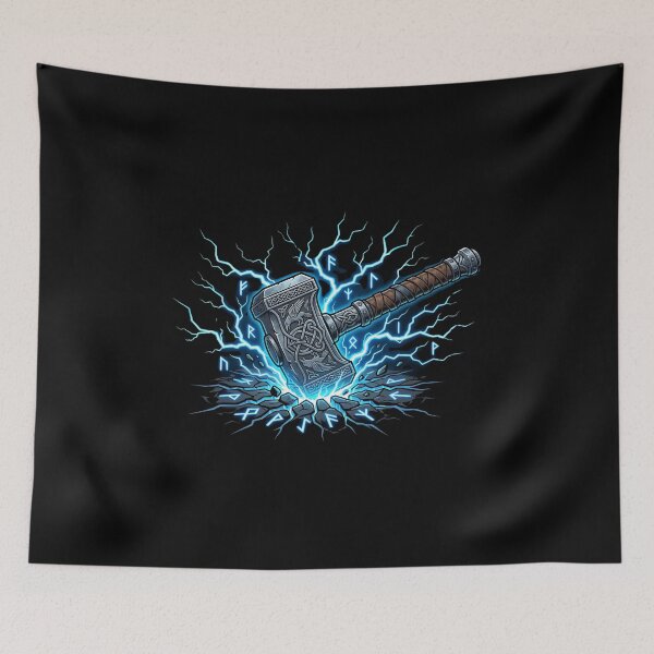 Item preview, Norse God Thunder Hammer - Viking Runes & Lightning Strike Art designed and sold by AuraDraftStudio.