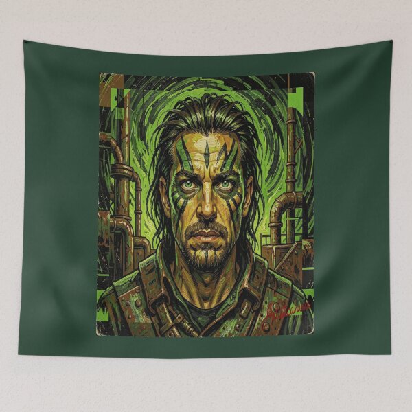 Item preview, Cyber Tribal Man Portrait Futuristic Green Energy designed and sold by Artisticanvas.