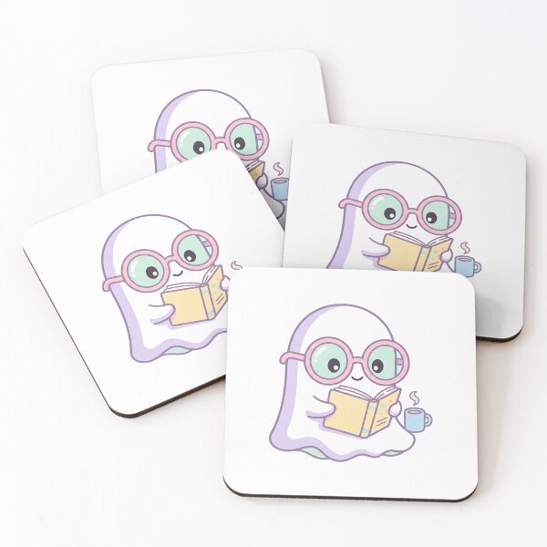 Item preview, Kawaii Reading Ghost with Glasses and Coffee Cozy Pastel Art designed and sold by AuraDraftStudio.