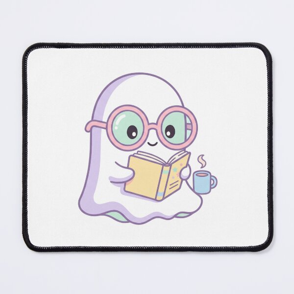 Item preview, Kawaii Reading Ghost with Glasses and Coffee Cozy Pastel Art designed and sold by AuraDraftStudio.