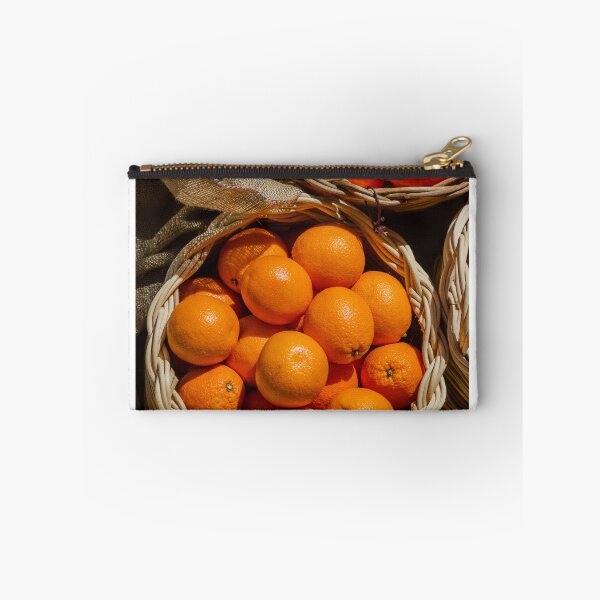 Item preview, Fresh Oranges in Wicker Basket at Market With Colorful Bell Peppers and Burlap designed and sold by Nmallia.