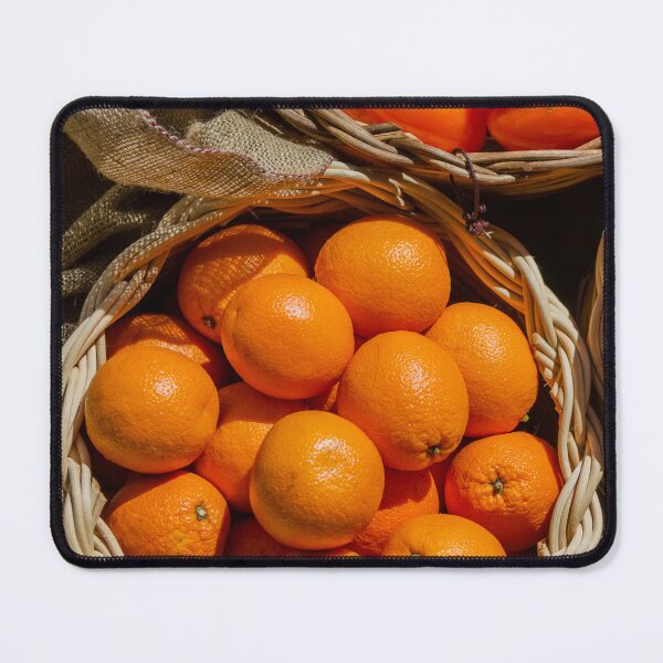 Item preview, Fresh Oranges in Wicker Basket at Market With Colorful Bell Peppers and Burlap designed and sold by Nmallia.