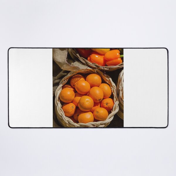Item preview, Fresh Oranges in Wicker Basket at Market With Colorful Bell Peppers and Burlap designed and sold by Nmallia.