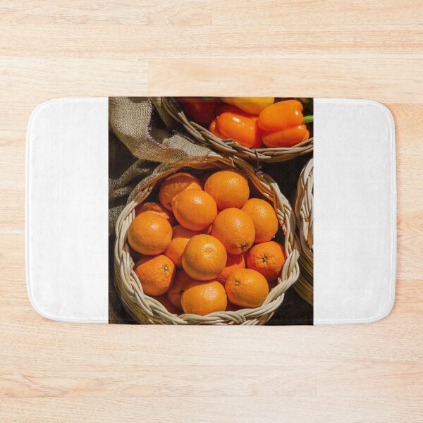 Item preview, Fresh Oranges in Wicker Basket at Market With Colorful Bell Peppers and Burlap designed and sold by Nmallia.