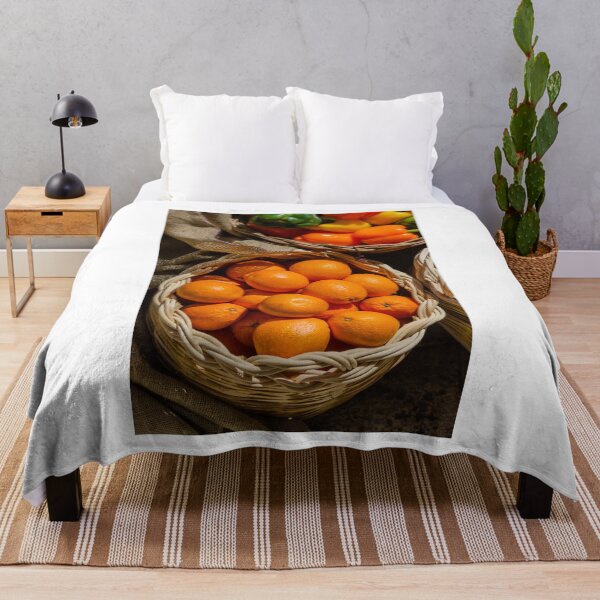 Item preview, Fresh Oranges in Wicker Basket at Market With Colorful Bell Peppers and Burlap designed and sold by Nmallia.