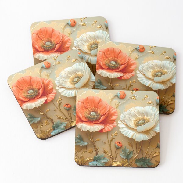 Artikelvorschau, Rote und weiße Mohnblumen mit goldenen Akzenten, elegantes Blumengemälde, botanische Kunst entworfen und verkauft von MargaretWiktor.