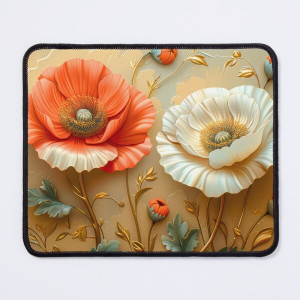 Artikelvorschau, Rote und weiße Mohnblumen mit goldenen Akzenten, elegantes Blumengemälde, botanische Kunst entworfen und verkauft von MargaretWiktor.