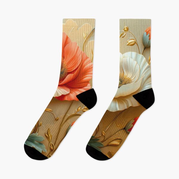 Artikelvorschau, Rote und weiße Mohnblumen mit goldenen Akzenten, elegantes Blumengemälde, botanische Kunst entworfen und verkauft von MargaretWiktor.