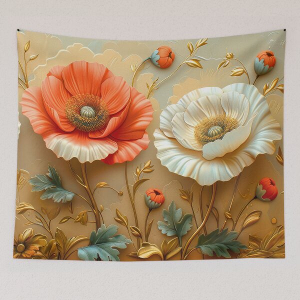 Artikelvorschau, Rote und weiße Mohnblumen mit goldenen Akzenten, elegantes Blumengemälde, botanische Kunst entworfen und verkauft von MargaretWiktor.