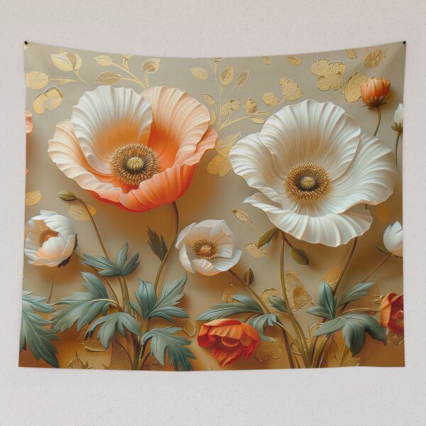 Artikelvorschau, Rote und weiße Mohnblumen mit goldenen Akzenten, elegantes Blumengemälde, botanische Kunst entworfen und verkauft von MargaretWiktor.