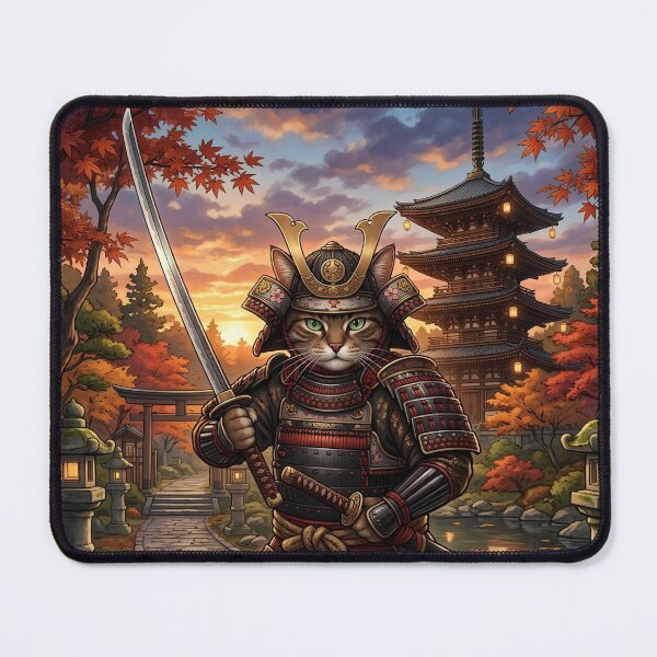 Item preview, Samurai warrior cat in a Japanese garden with pagoda designed and sold by VibranPalette.
