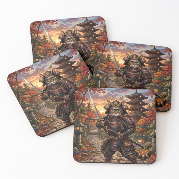 Item preview, Samurai warrior cat in a Japanese garden with pagoda designed and sold by VibranPalette.
