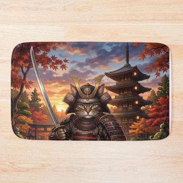 Item preview, Samurai warrior cat in a Japanese garden with pagoda designed and sold by VibranPalette.